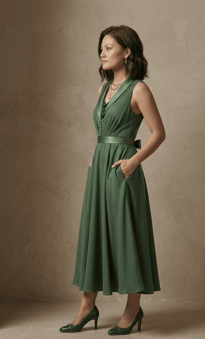 A model in a sage green sleeveless midi dress, hands resting in functional side-seam pockets.